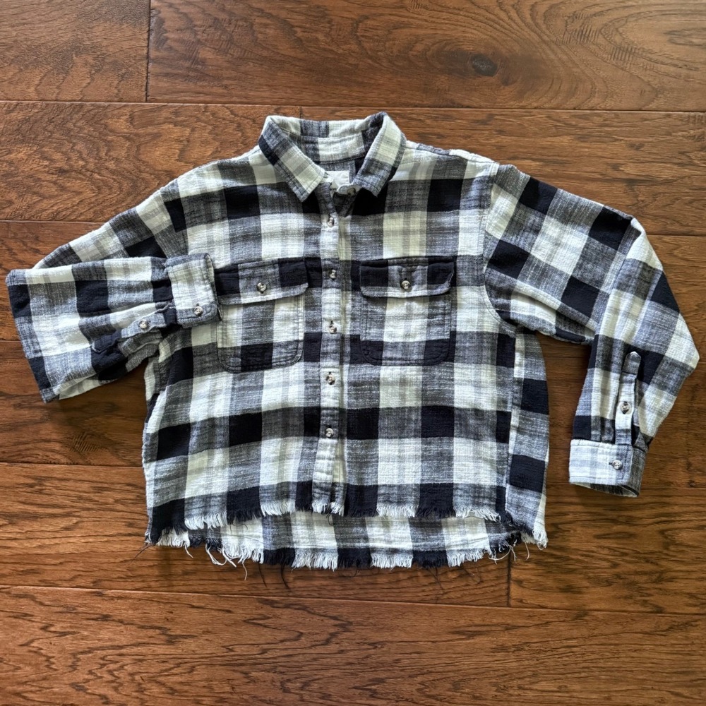 Lucky Brand Buffalo Plaid Flannel Cotton Raw Frayed Hem Cropped Boxy Shirt S